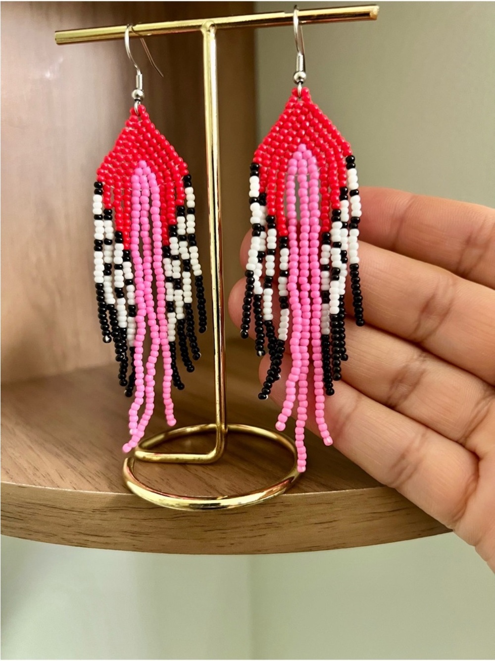 Sweetheart Pink & Red Beaded Fringe Earrings